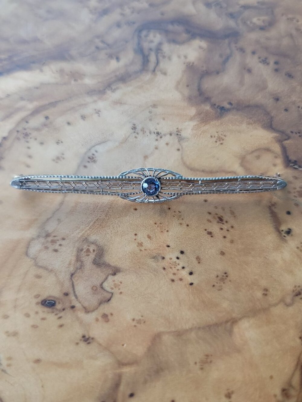 Antique Art Deco Sapphire & 14K Filigree Bar Brooch